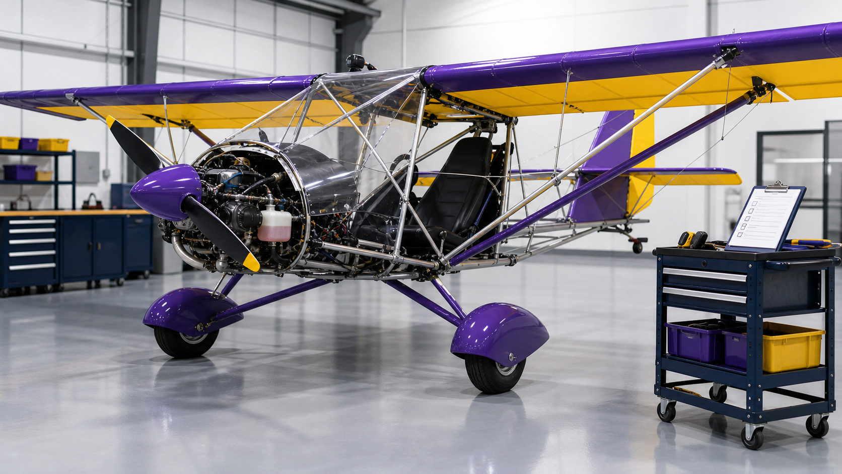 Ultralight aircraft in hangar inspection